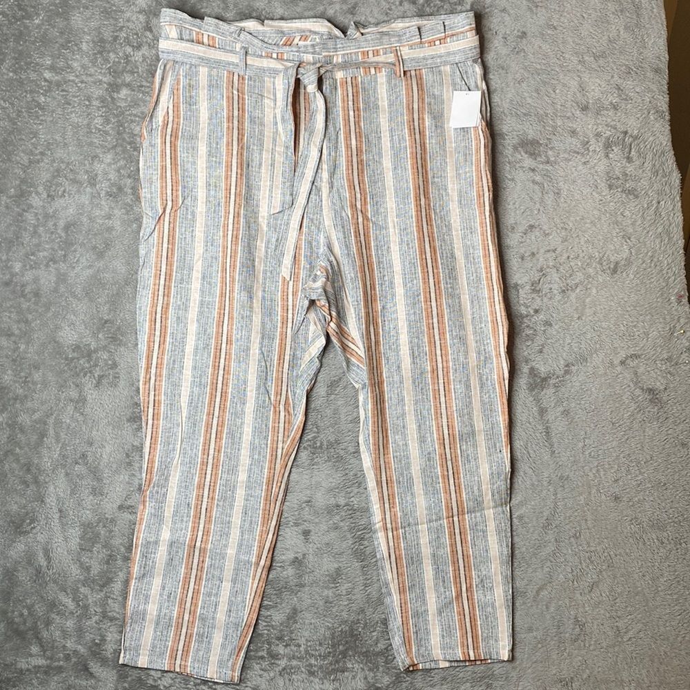 Justfab  Linen Blend High Waist Paper Bag Multi Color Stripe Pants Coral…